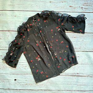 WHO WHAT WEAR black and floral blouse